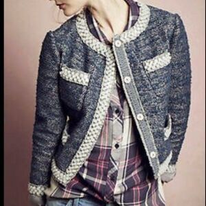 Anthropologie Isani Massey Cropped Tweed Beaded Jacket Boho Glam New Blue Medium